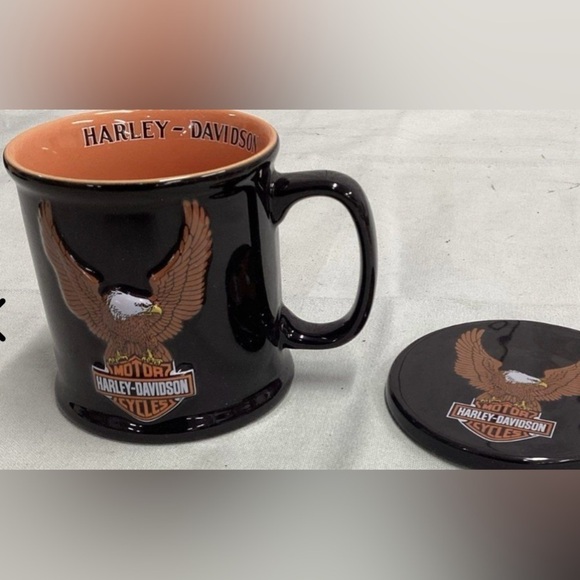 Vtg Harley Davidson Black Orange 3d Eagle Tea Coffee Mug & Coaster Set W/ Box - Picture 1 of 9